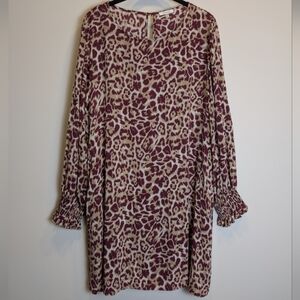 Plum Purple White Beige Animal Print Long Sleeve Dress With Pockets Size Medium